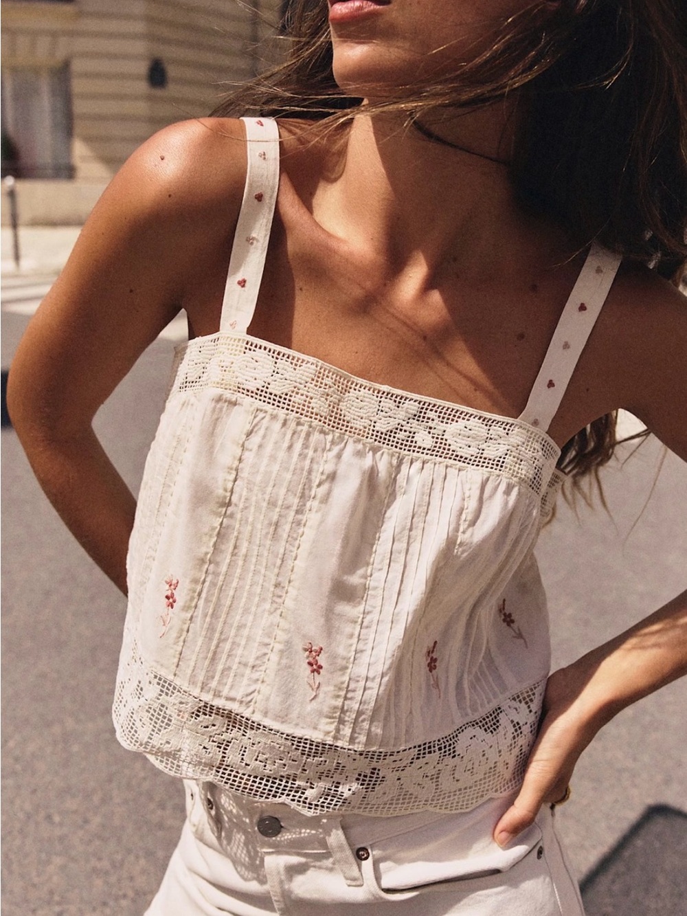 Sezane Theoline Embroidered Floral Lace Trim Top